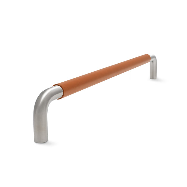 Contour Cabinetry Handle | Satin Stainless Steel with Saddle Tan Leather Wrap | from