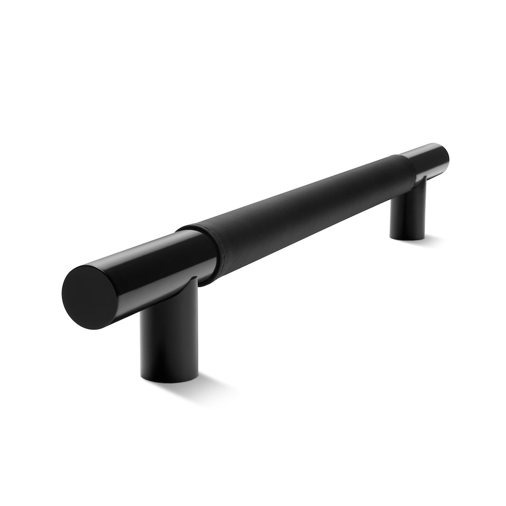 Metal Bar Door Handle | 600mm | Black Satin with Black Leather Wrap | Back to Back Pair