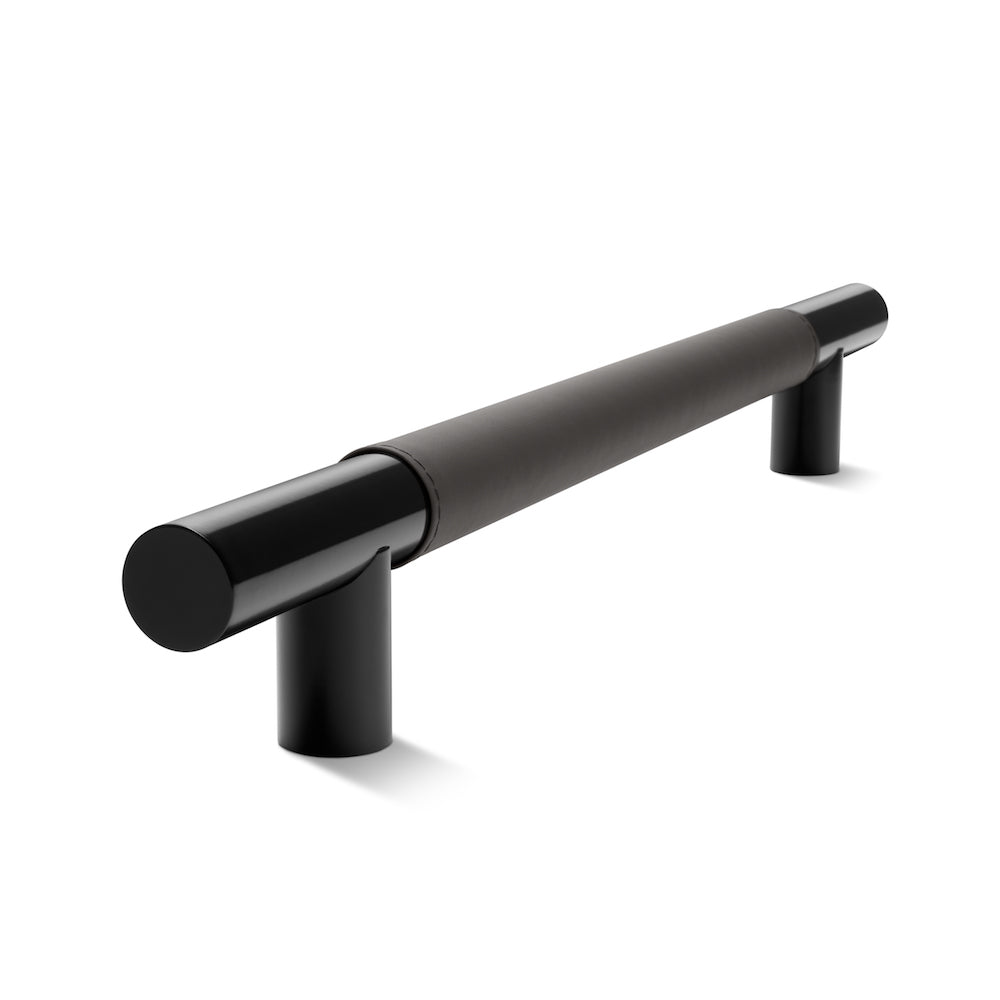 Metal Bar Door Handle | 600mm | Black Satin with Slate Leather Wrap | Back to Back Pair