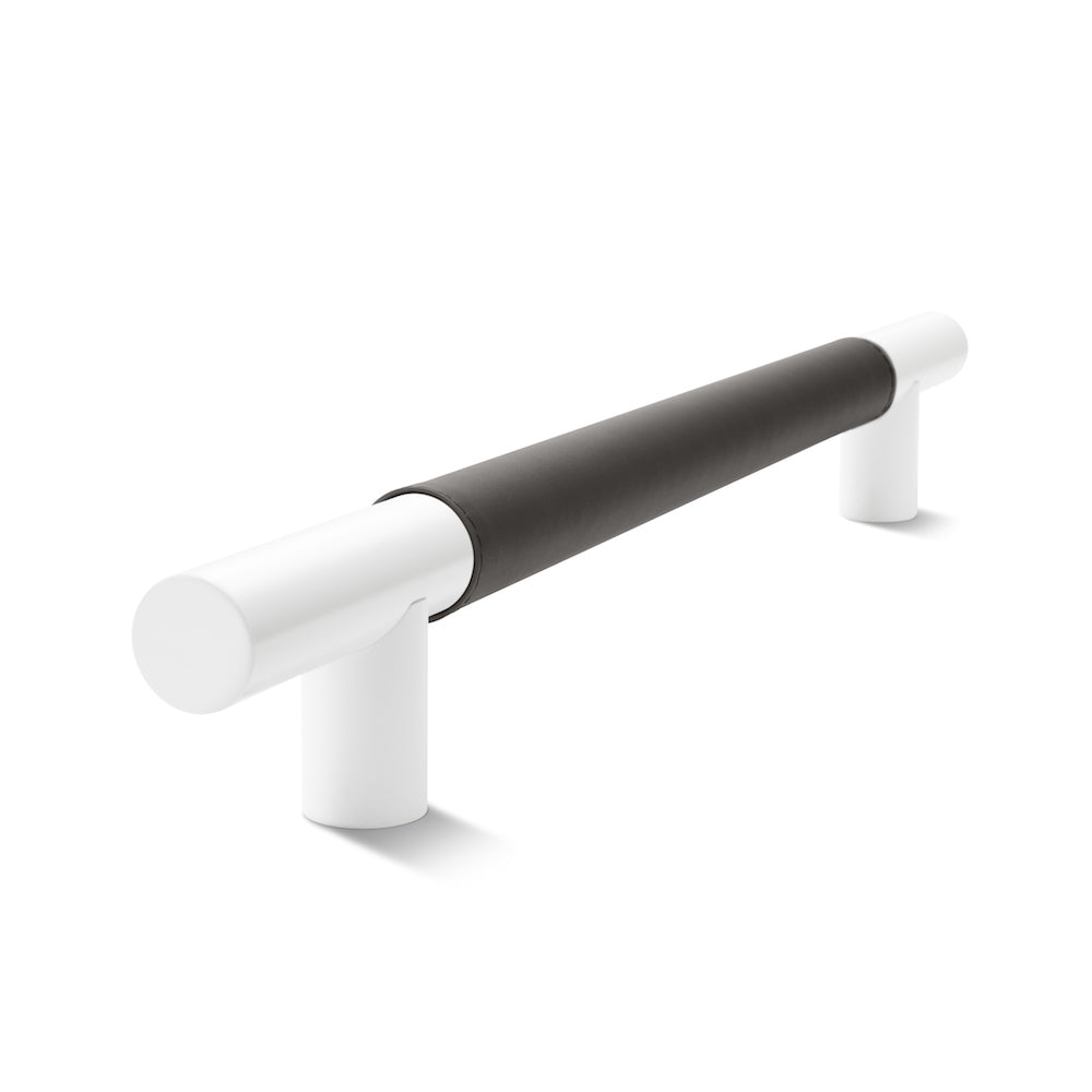 Metal Bar Door Handle | 600mm | White Satin with Slate Leather Wrap | Back to Back Pair