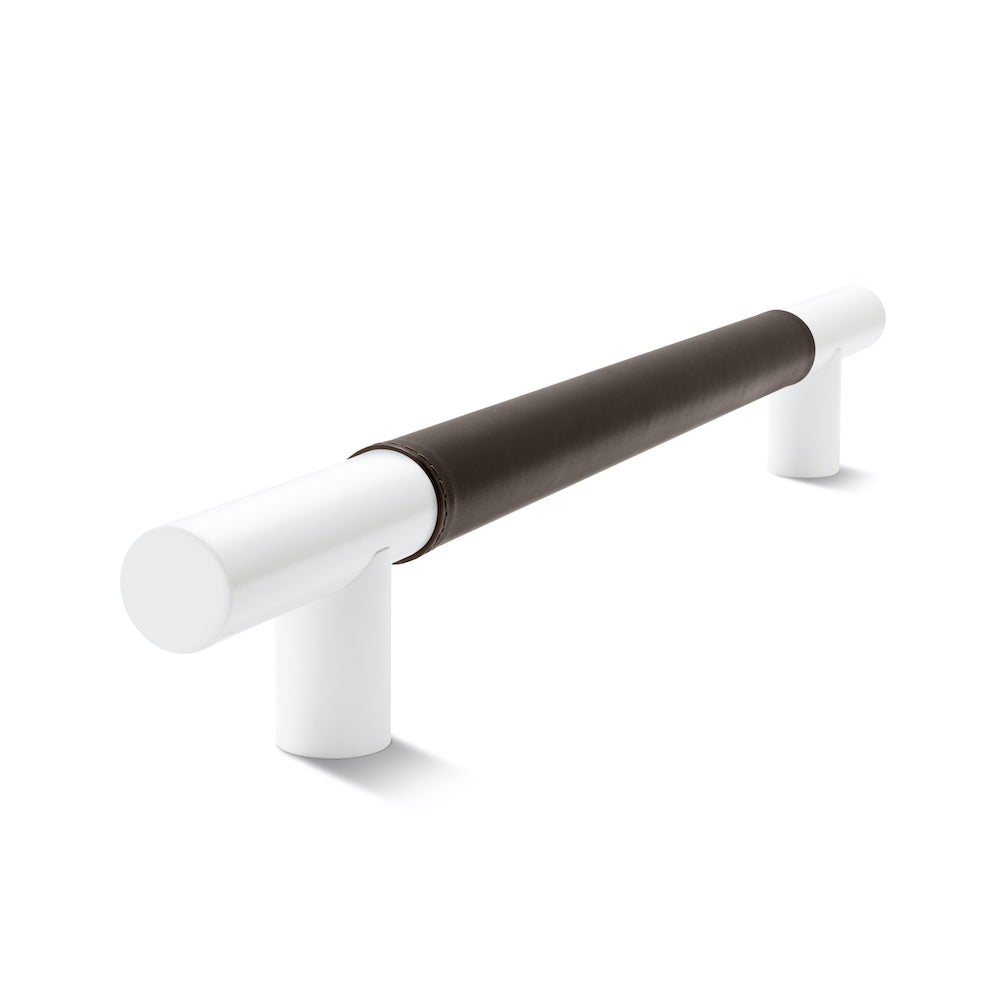 Metal Bar Door Handle | 600mm | White Satin with Chocolate Leather Wrap | Single