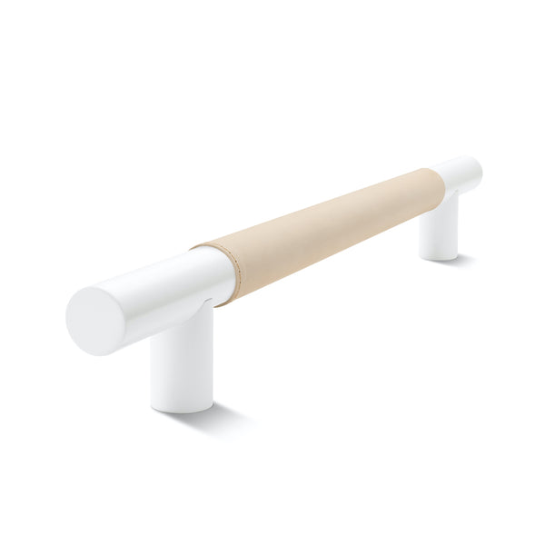 Metal Bar Door Handle | 600mm | White Satin with Natural Leather Wrap | Back to Back Pair