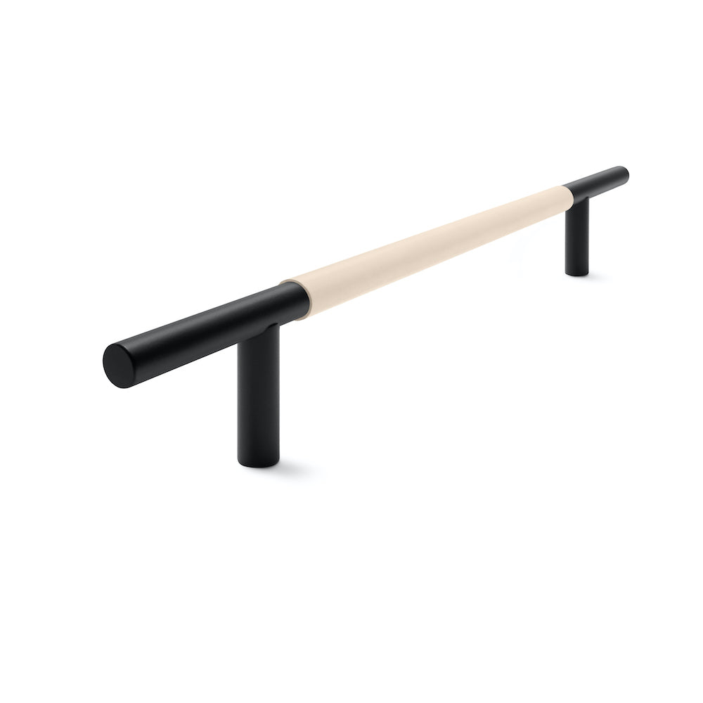 Slim Profile Door Handle | 700mm | Black Matt with Natural Leather Wrap | Back to Back