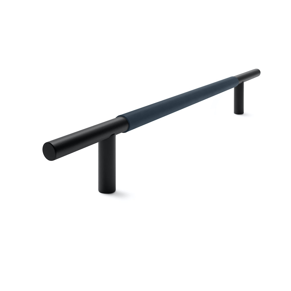 Slim Profile Door Handle | 400mm | Black Matt with Oxford Navy Leather Wrap | Back to Back