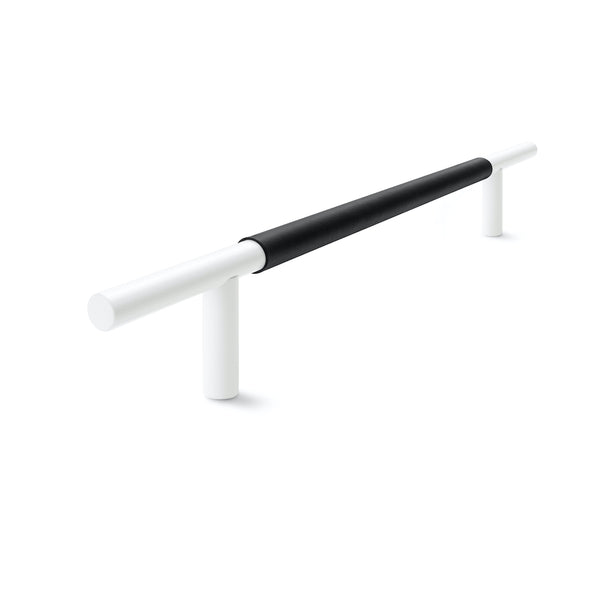 Slim Profile Door Handle | 400mm | White Satin with Black Leather Wrap | Back to Back