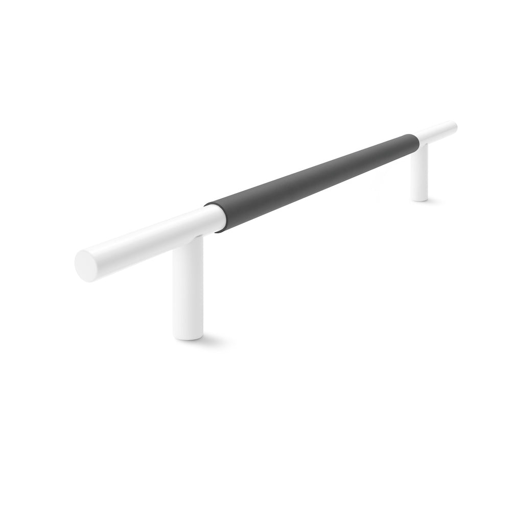 Slim Profile Door Handle | 400mm | White Satin with Slate Leather Wrap | Back to Back
