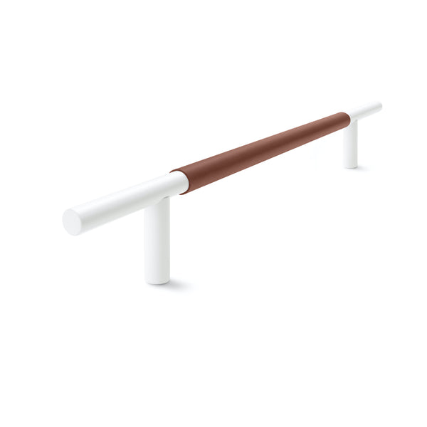 Slim Profile Door Handle | 400mm | White Satin with British Tan Leather Wrap | Back to Back