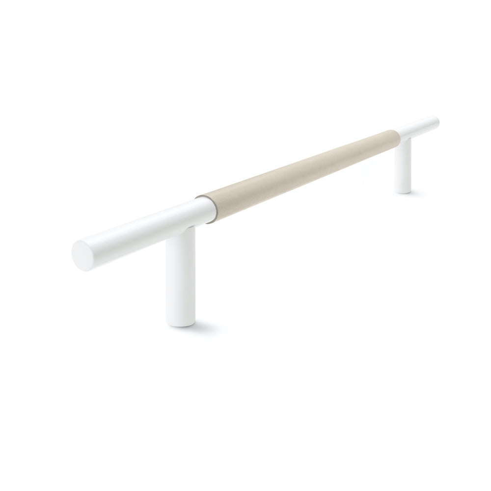 Slim Profile Door Handle | 700mm | White Satin with Classic Grey Leather Wrap | Back to Back