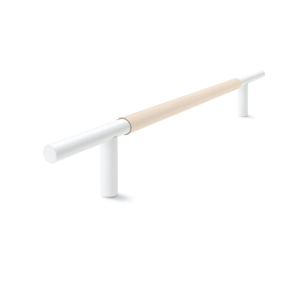 Slim Profile Door Handle | 400mm | White Satin with Natural Leather Wrap | Back to Back
