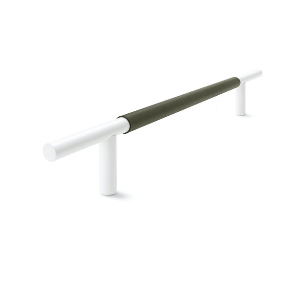 Slim Profile Door Handle | 400mm | White Satin with Olive Leather Wrap | Back to Back