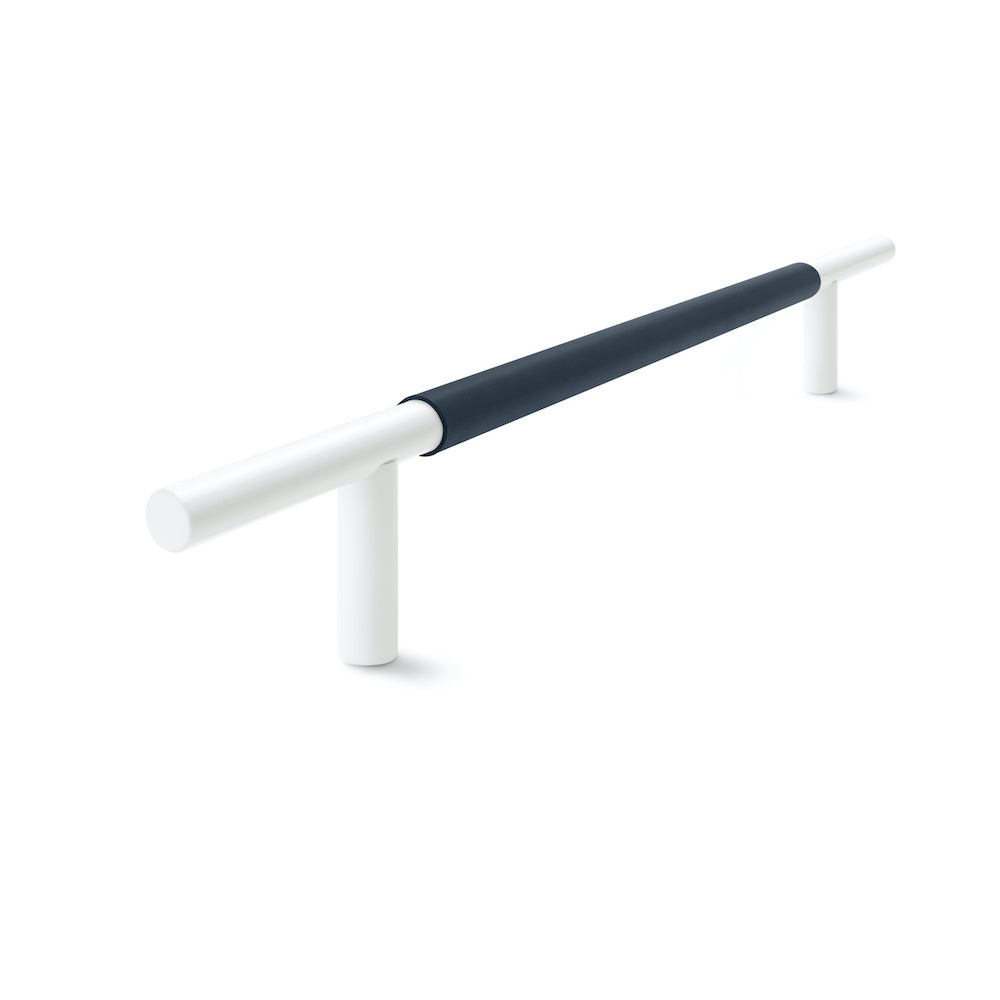 Slim Profile Door Handle | 400mm | White Satin with Oxford Navy Leather Wrap | Single