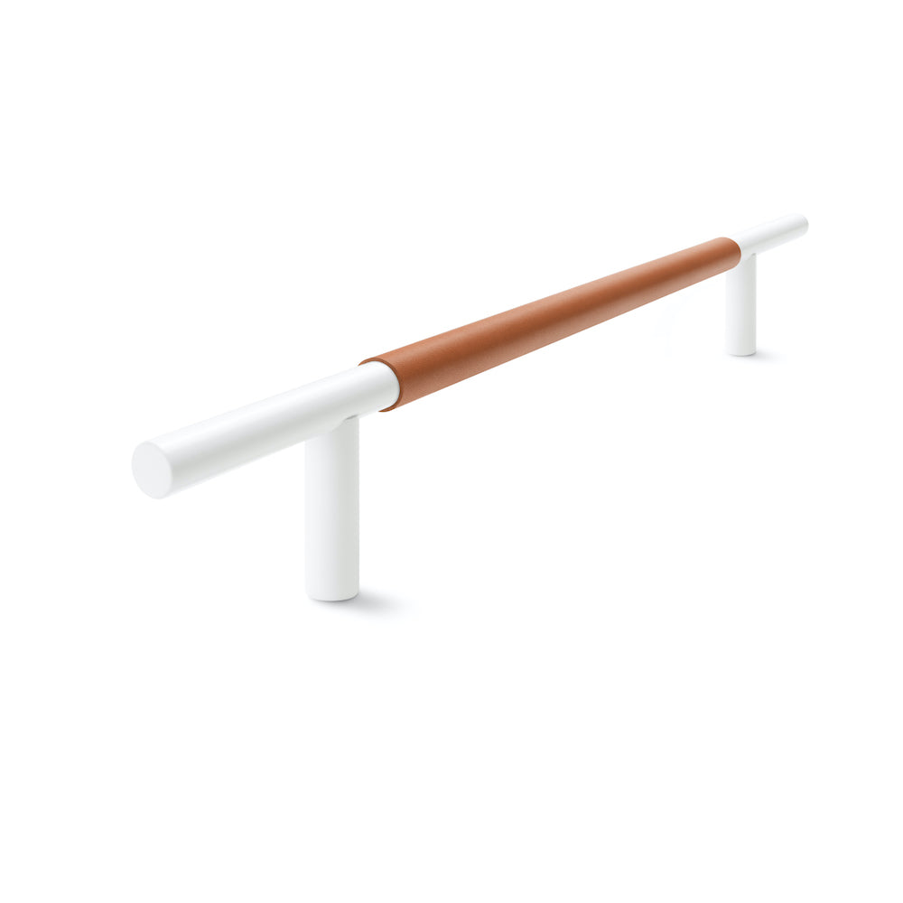 Slim Profile Door Handle | 700mm | White Satin with Saddle Tan Leather Wrap | Back to Back