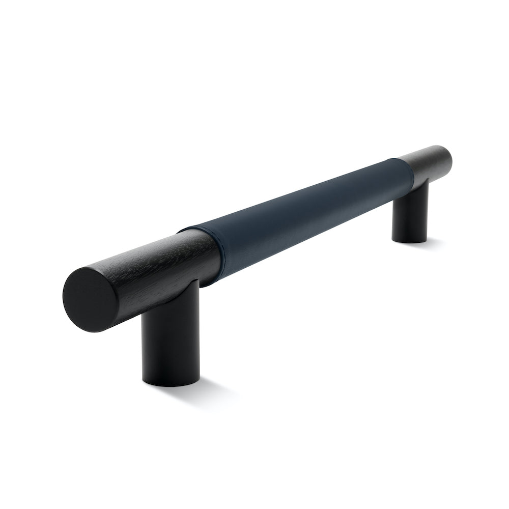 Timber Bar Door Handle | 600mm | Black with Oxford Navy Leather Wrap | Back to Back Pair